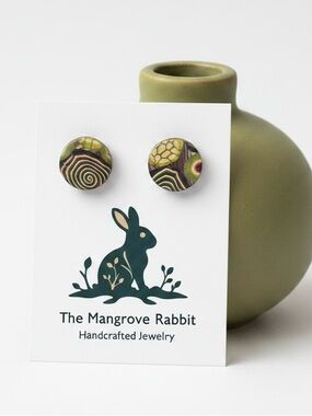 Crimson Ecru Green Swirl Handmade Polymer Clay Round Stud Earrings w SS Posts
